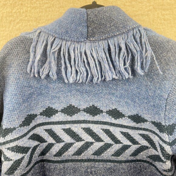Badgley mischka Blue black Jacquard knit Shawl Belted Fringe long cardigan L NWT - Picture 5 of 12
